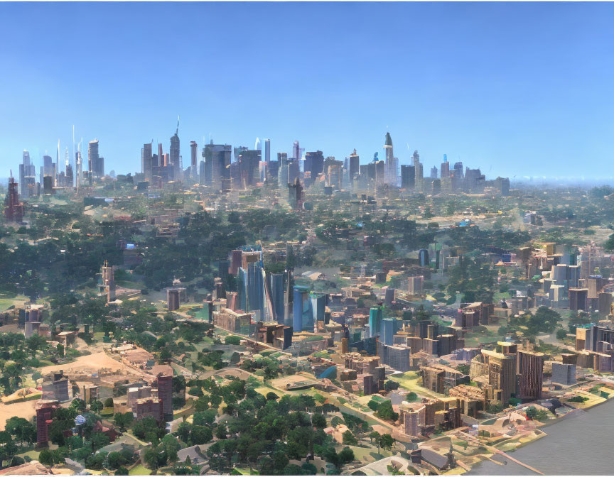 Modern city skyline with diverse skyscrapers, greenery, and river.