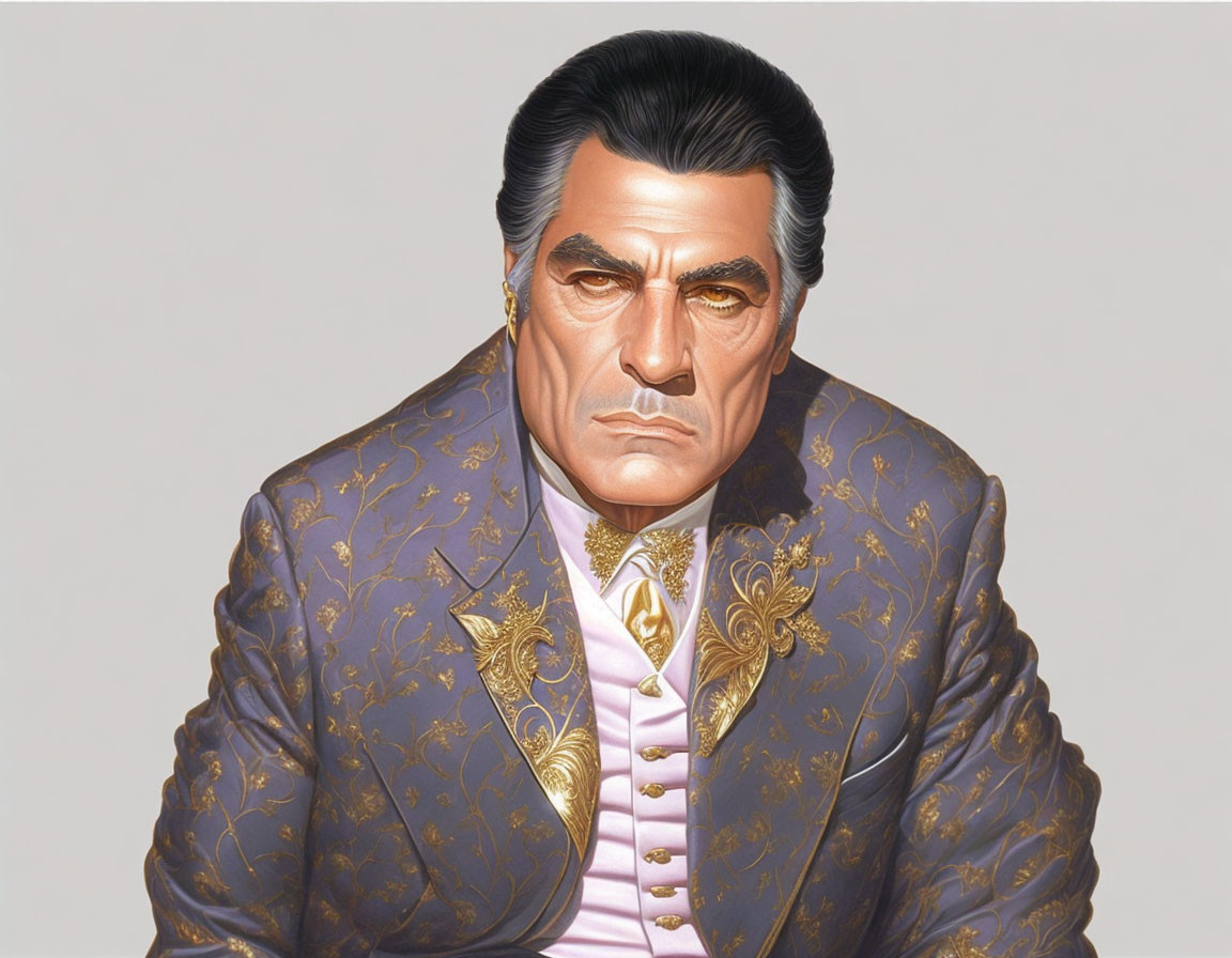 Illustration of stern man in gold-patterned blue jacket and pink shirt