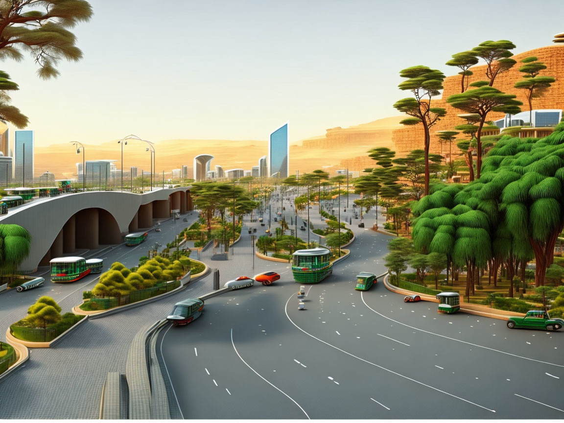 Futuristic cityscape with greenery, advanced infrastructure, clean roads, eco-friendly vehicles