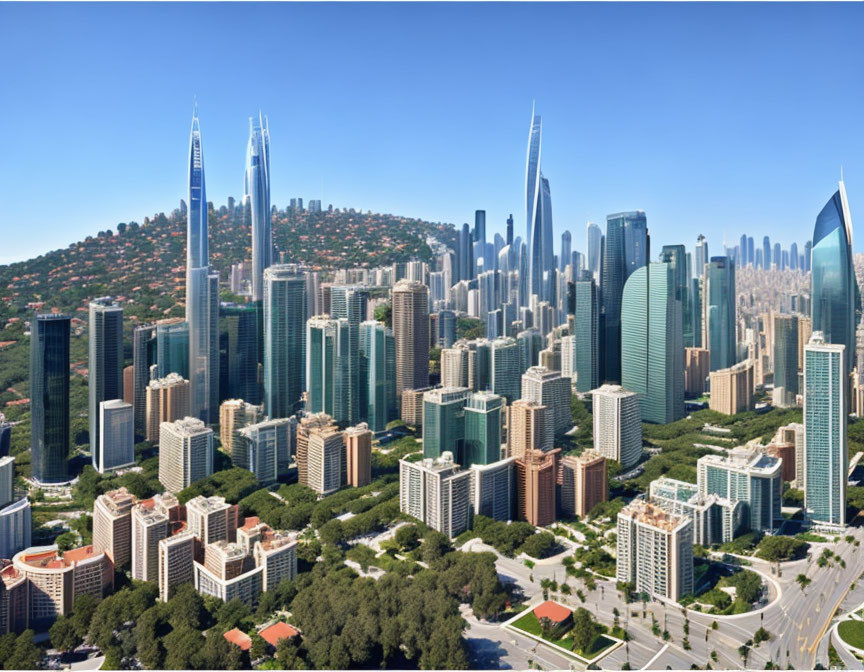 Modern city skyline with skyscrapers, parks, and blue skies