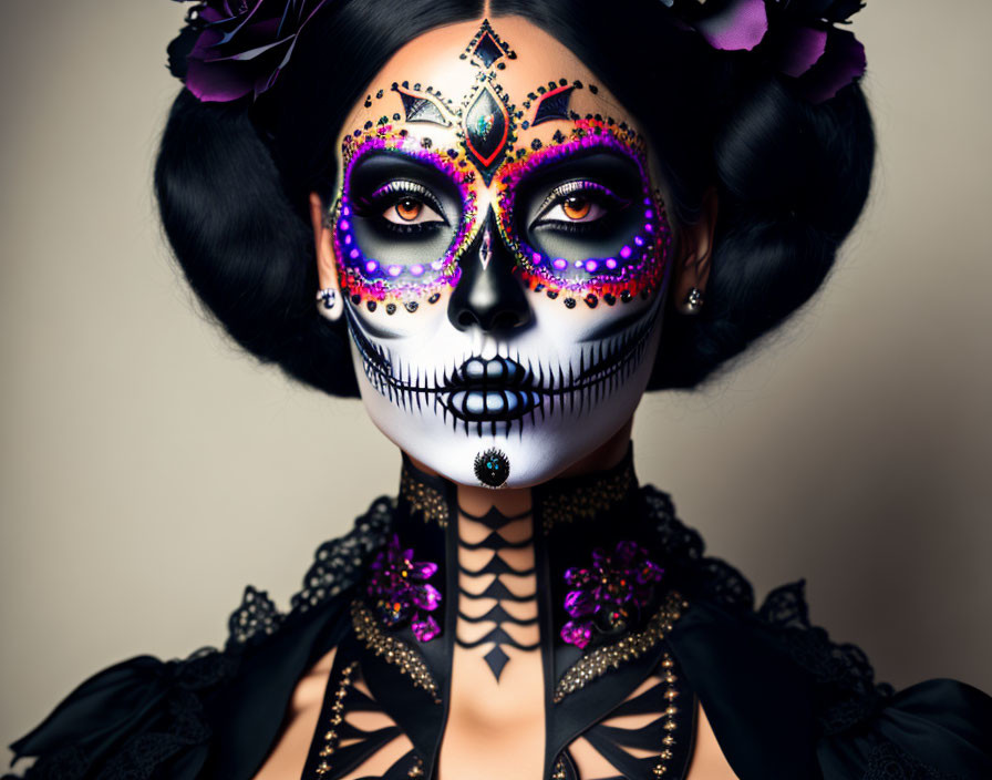 Elaborate Day of the Dead makeup with vibrant skull design