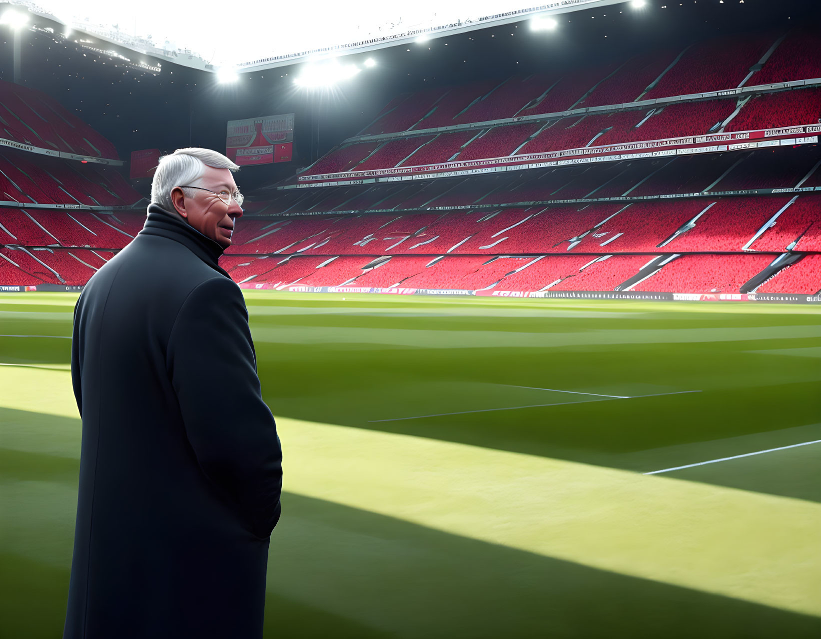 Elderly man in coat gazes at sunny football stadium