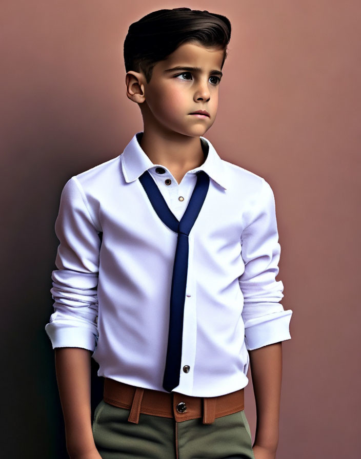 Styled Hair Boy in White Shirt, Blue Tie & Olive Trousers