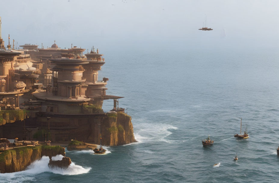 Cliffside city with eastern architecture above misty sea