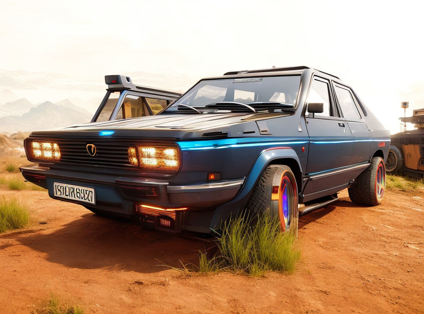 Vintage Blue Car with Racing Stripes and Neon Underglow Parked on Dusty Road at Sunset