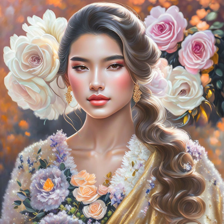 Ethereal digital artwork of woman with wavy hair and gold earrings surrounded by pastel roses