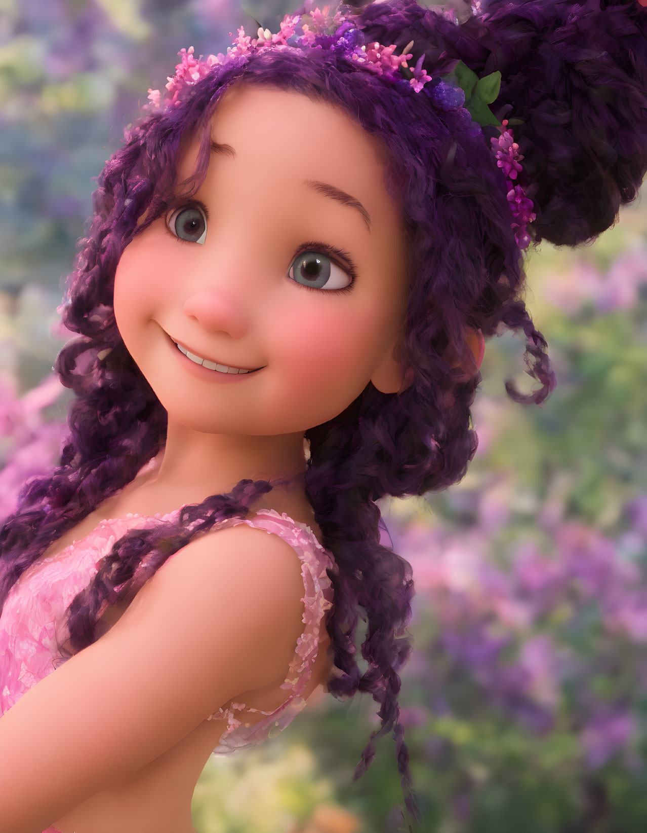 Young girl with purple floral hair and pink dress in 3D animation