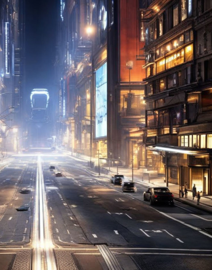 Illuminated futuristic city street at night with skyscrapers and billboards