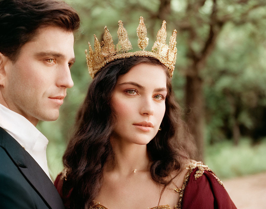 Regal man and woman in royal attire with golden crown, gazing into the distance