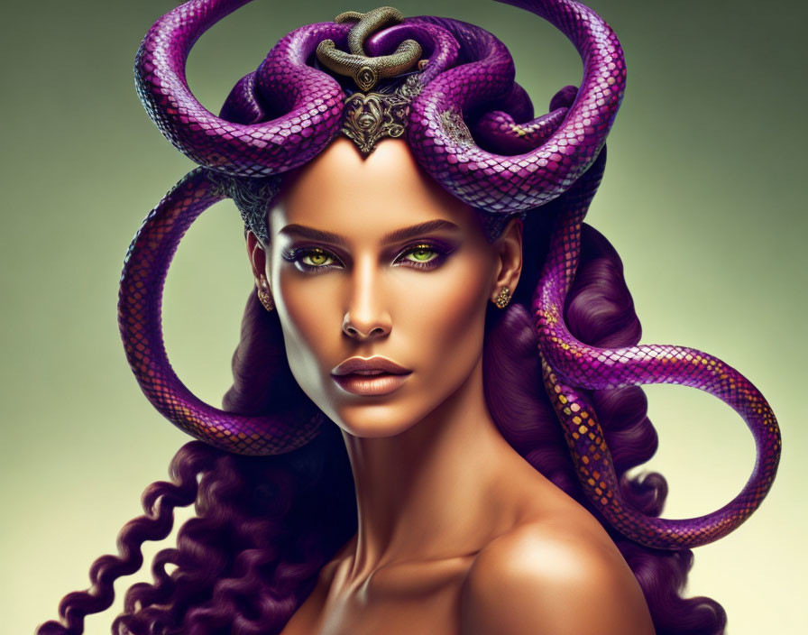 Digital artwork featuring woman with purple serpentine hair and green eyes