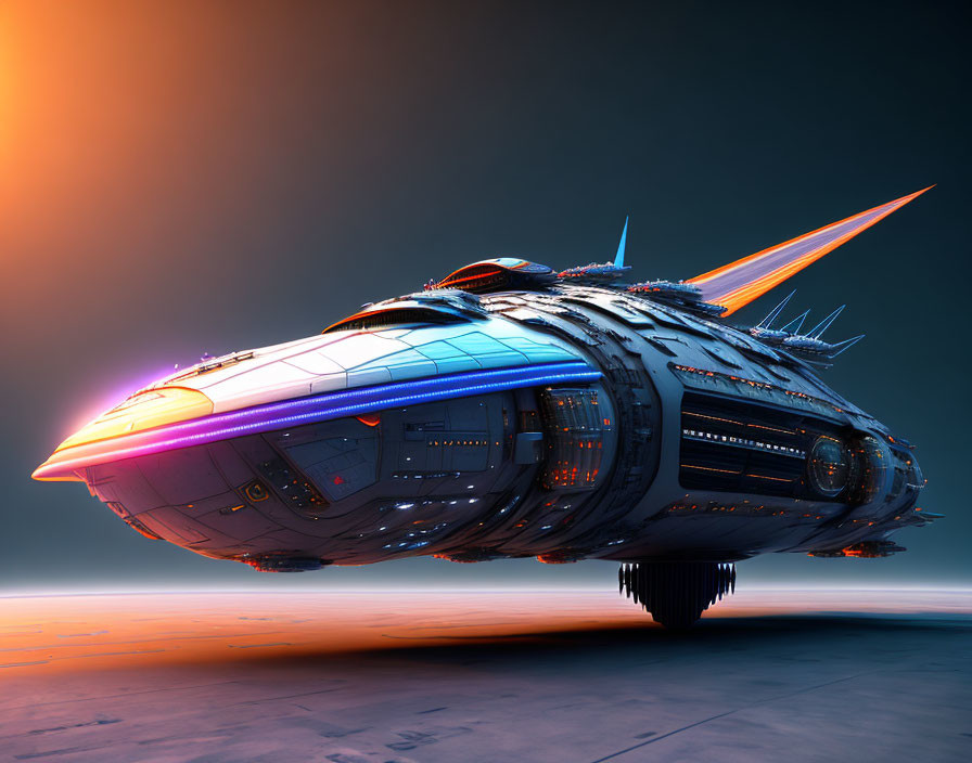 Futuristic spaceship with sharp edges and glowing blue and orange accents on orange gradient background