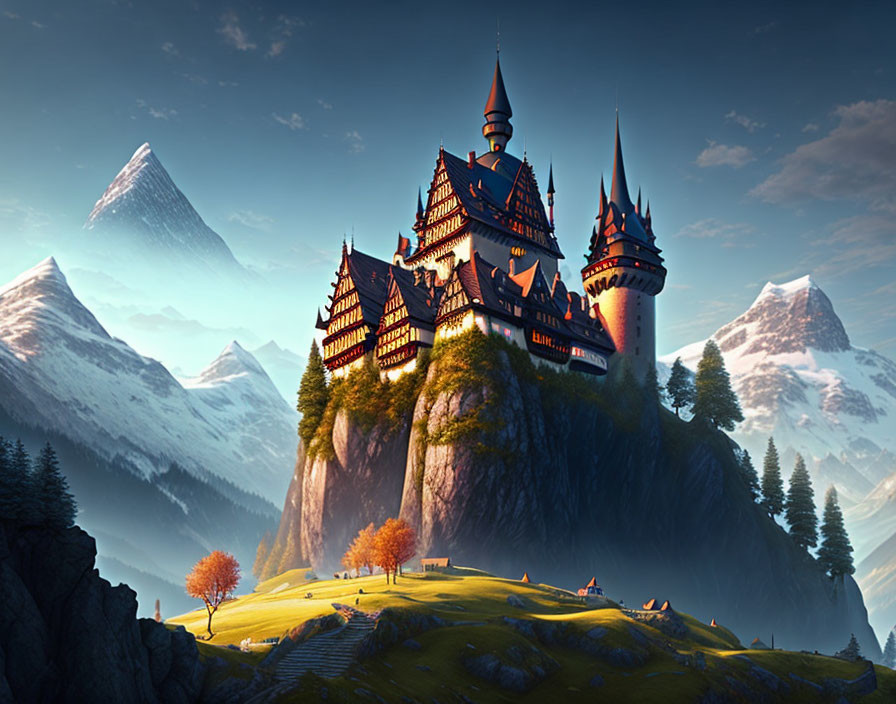 Fantasy castle on cliff with autumn trees and snowy mountains in serene sky