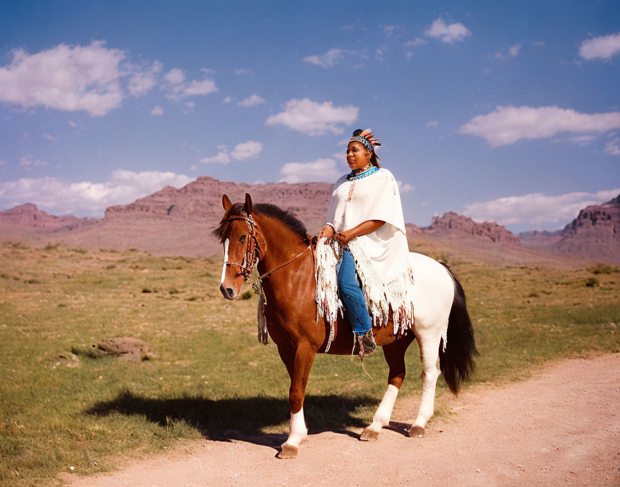 Indigenous person on horseback in traditional dress on dirt path with mountains and blue sky