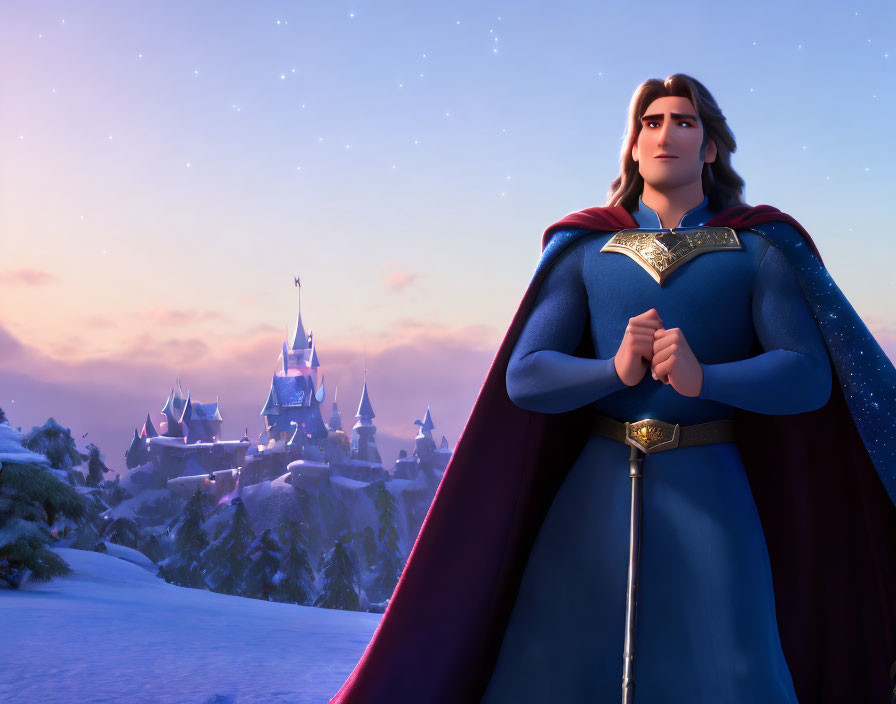 Royal Attired Animated Character Overlooking Castle in Snowy Twilight