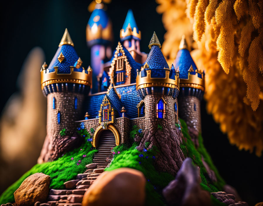 Miniature fairy tale castle with blue roofs on grassy hill with stone stairway and soft-focus flowers