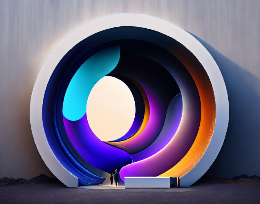 Abstract sculpture with spiral of concentric circles in white, blue, and purple hues