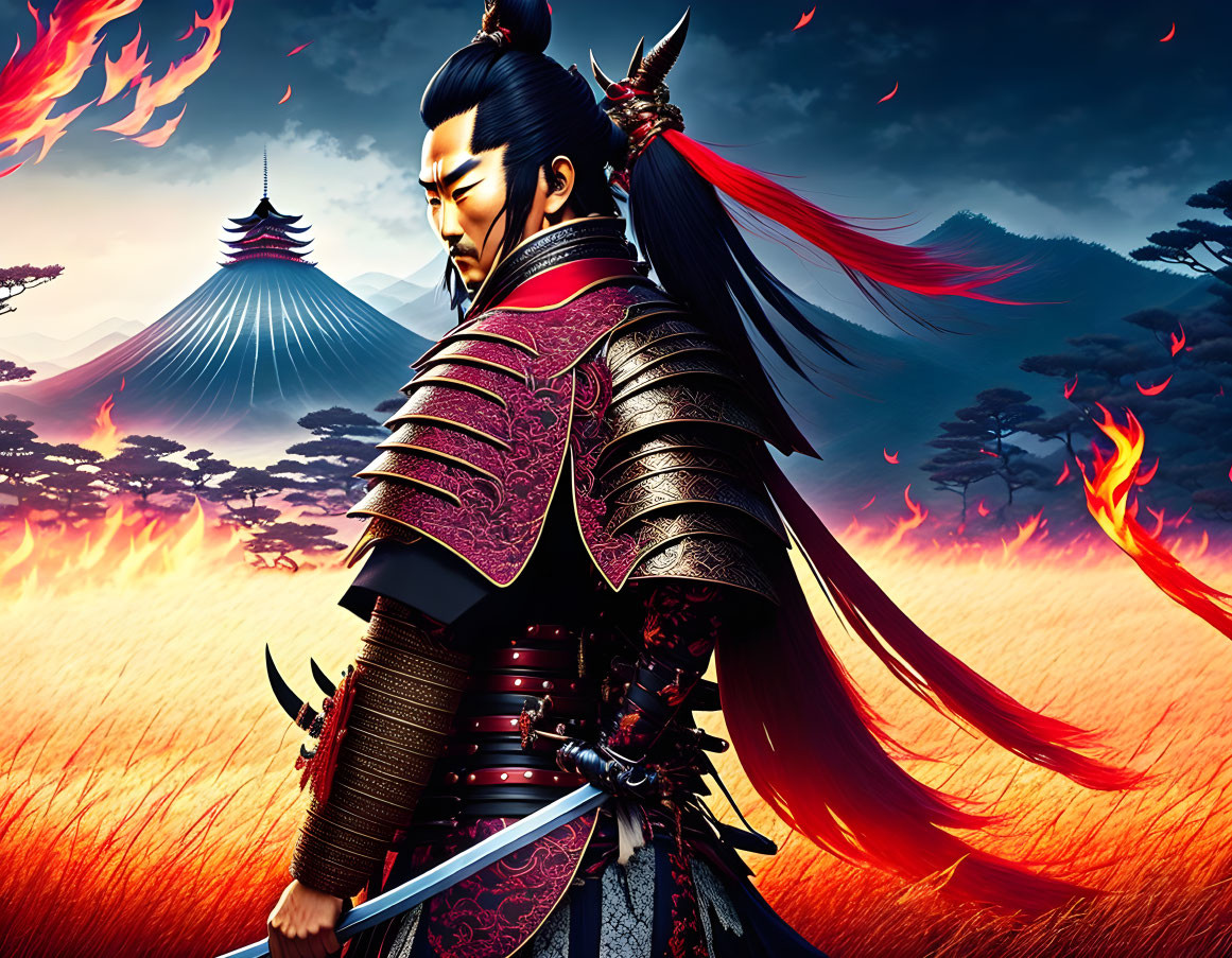 Illustrated warrior in traditional armor against fiery landscape with volcano