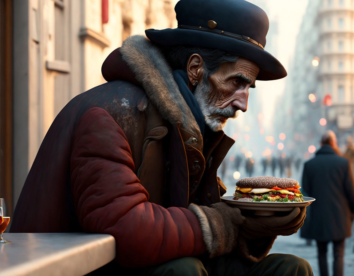 Grizzled man in top hat examines burger in city street at dusk