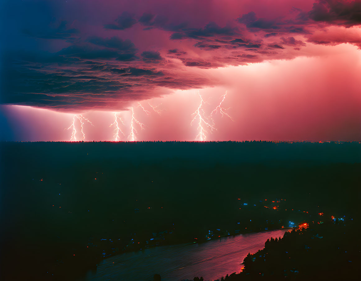 Nocturnal thunderstorm with multiple lightning strikes and vibrant purple and red hues