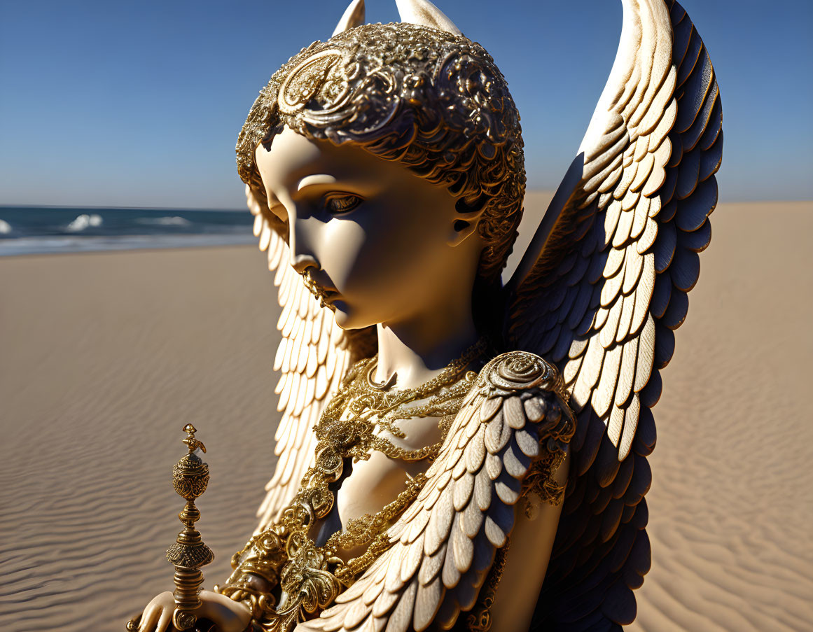 Intricately designed golden angel statue on beach with spread wings and staff under blue sky