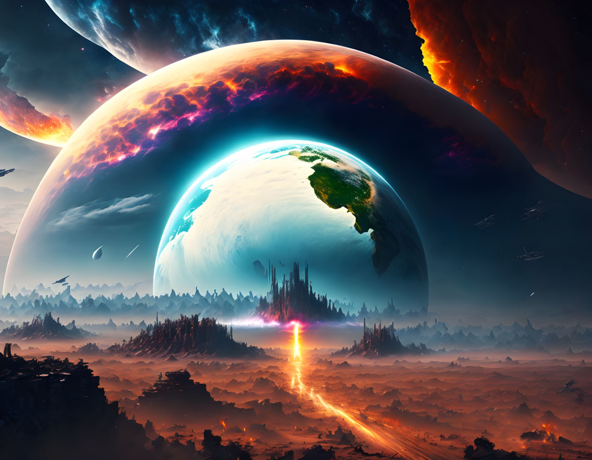 Sci-fi landscape with massive planets, rugged terrain, glowing cityscape, and starlit sky.