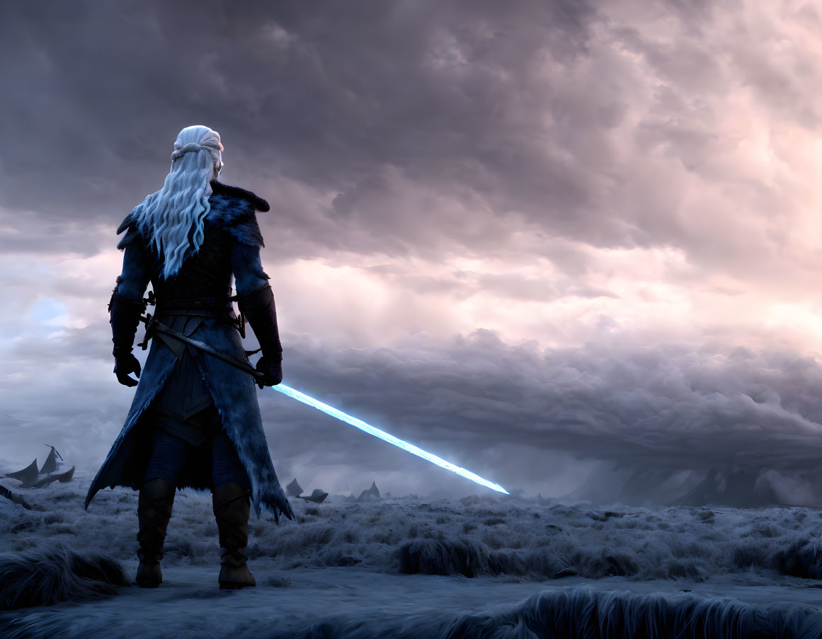 Long White-Haired Figure with Sword in Dramatic Sky