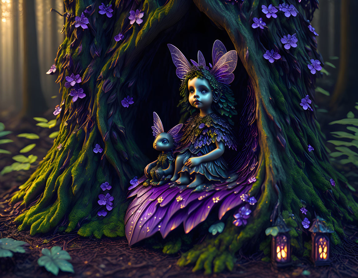 Fantasy artwork of fairy with glowing wings and dragon in enchanted forest