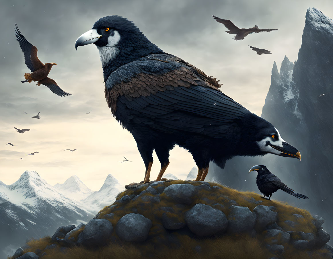 Digital artwork of three oversized ravens on rocky terrain with mountainous backdrop and flying birds under cloudy sky