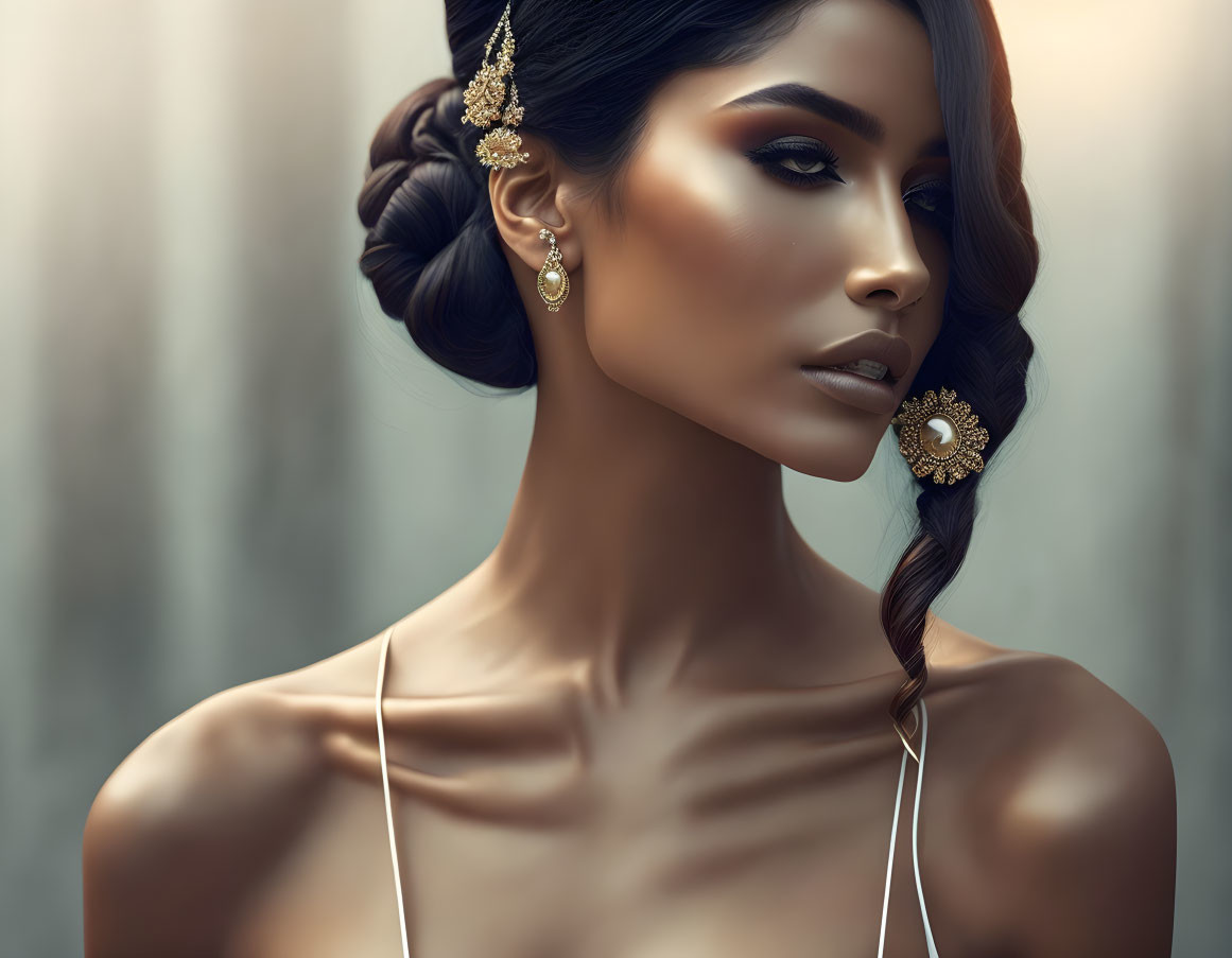 Elegant woman with updo, makeup, large earrings, and thin-strap top posing gracefully