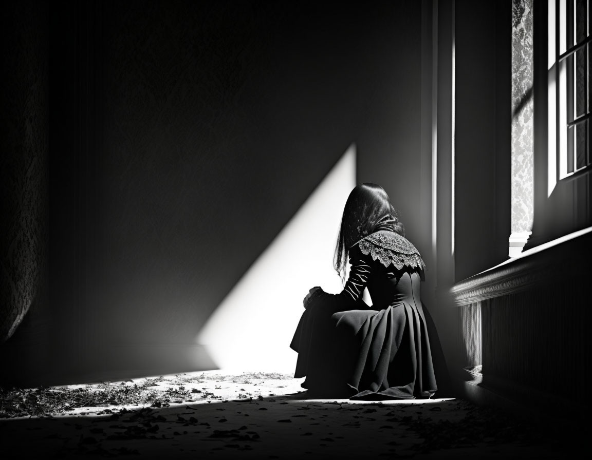 Solitary Figure in Dark Attire Sitting by Illuminated Window