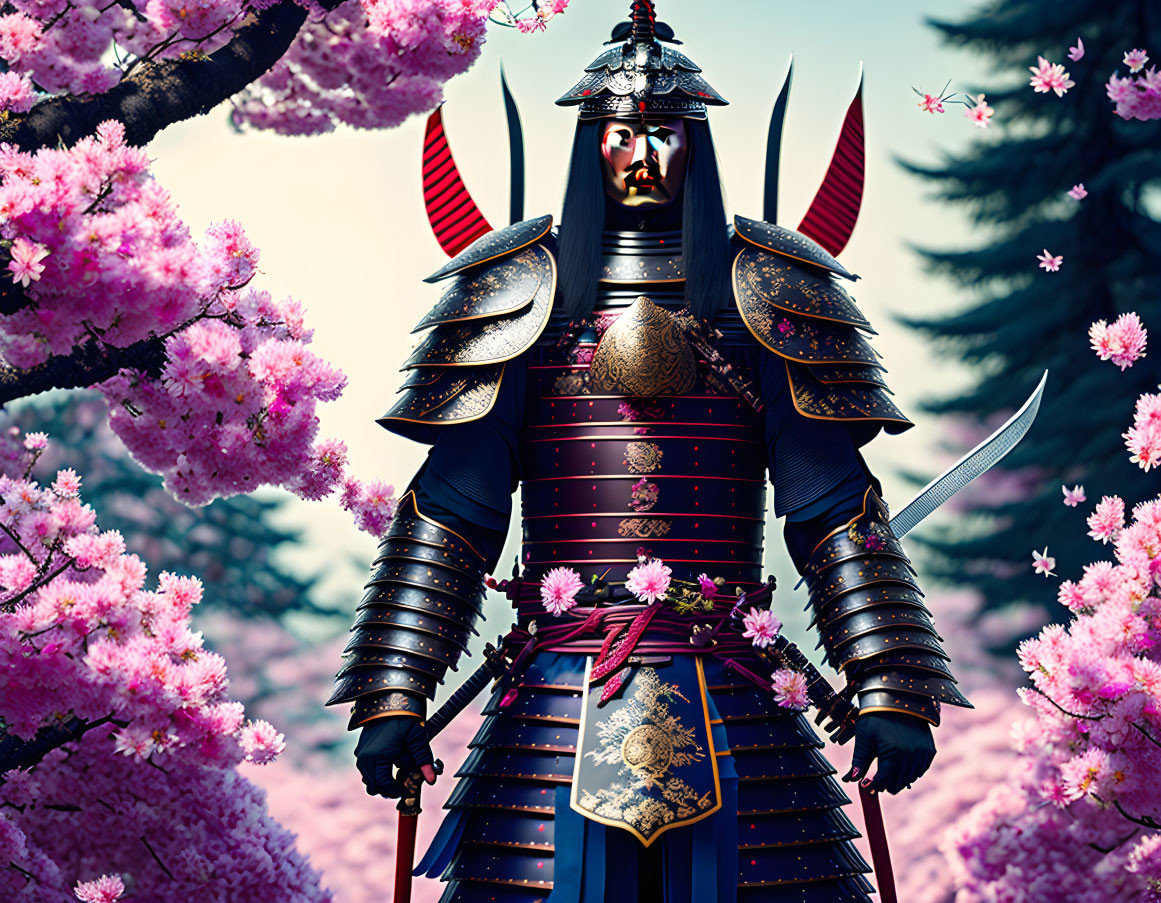 Traditional Samurai in Armor Surrounded by Cherry Blossoms