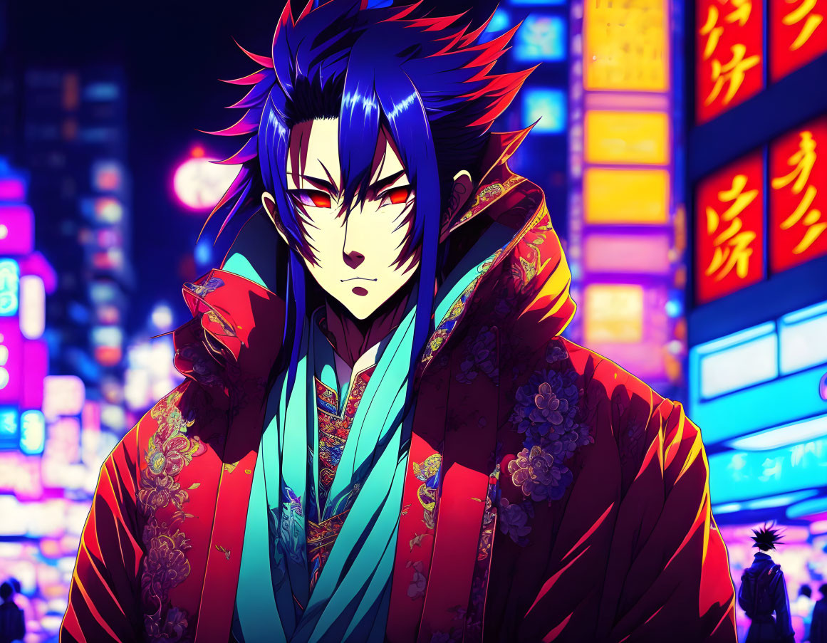 Spiky Blue-Haired Animated Character in Traditional Robe Amid Neon City