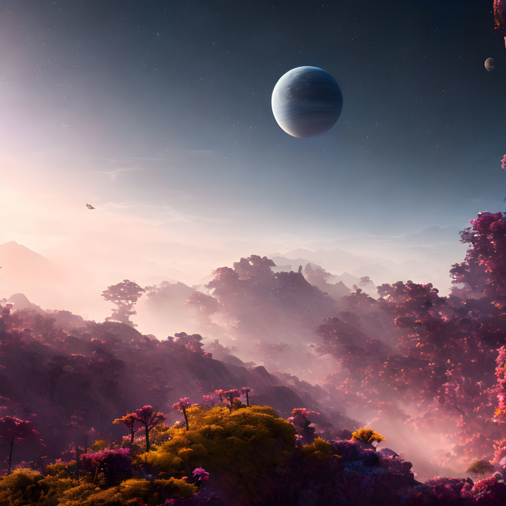 Vibrant pink foliage, misty mountains, and a large planet in a hazy sky on