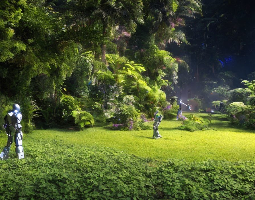 Futuristic robot in lush green forest with sunlight filtering.