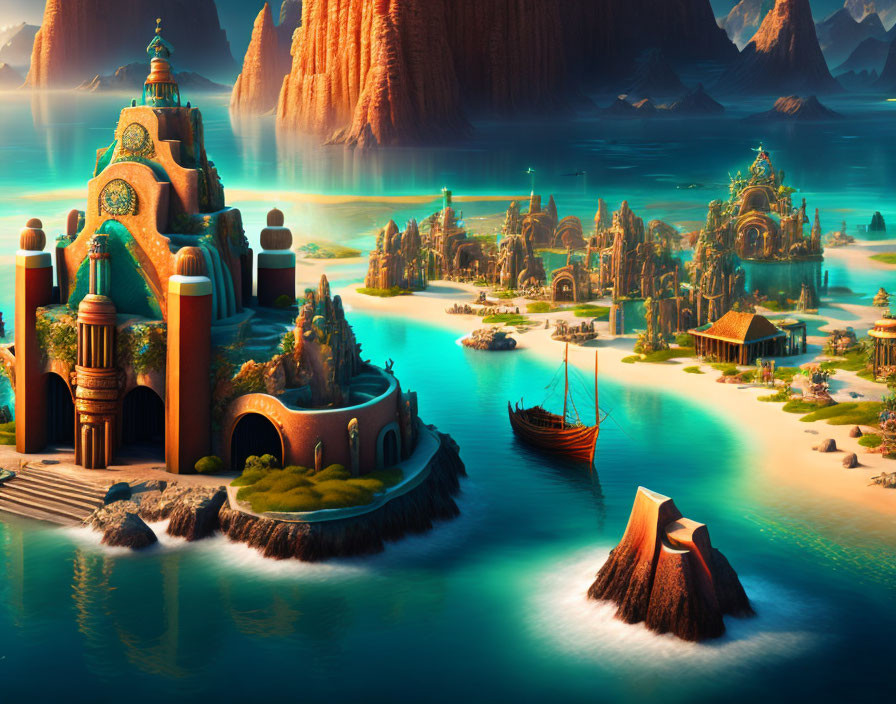 Colorful fantasy landscape with whimsical structures on islands, turquoise waters, boats, and rocky peaks under