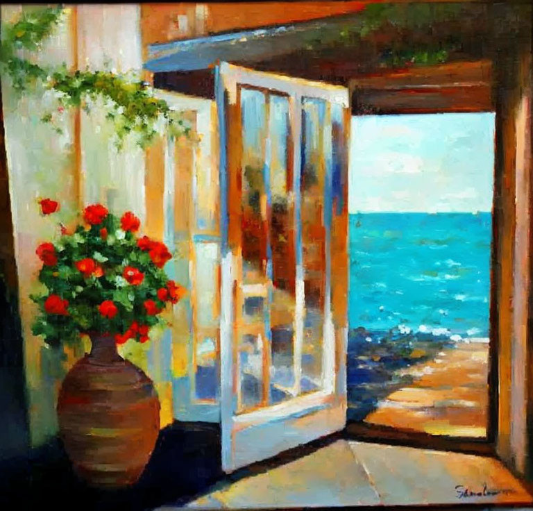 Colorful painting: Open doorway to blue sea, sunny interior, red flowers in clay pot