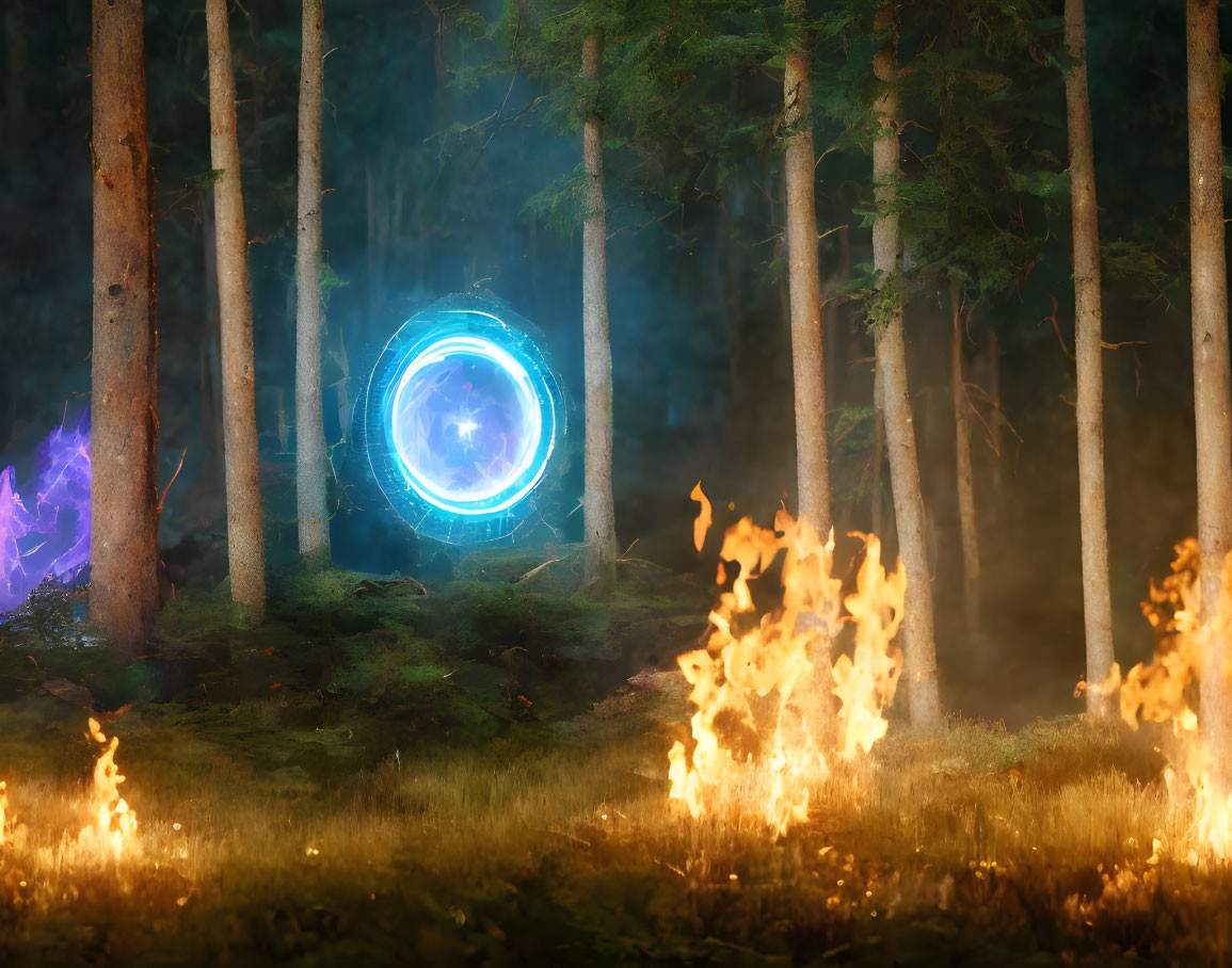 Blue Glowing Portal in Forest with Fire Patches and Ethereal Fog