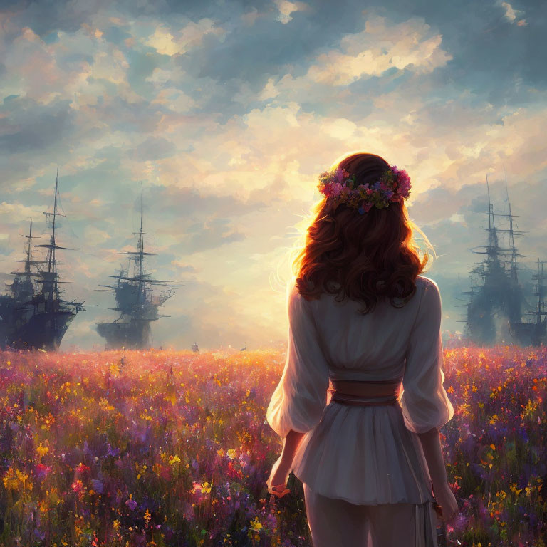 Woman in flower crown admiring ships from vibrant field.