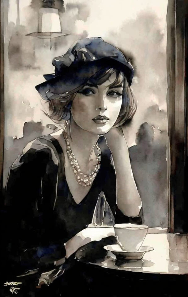 Monochromatic watercolor of a stylish woman with hat and pearls by window with coffee cup