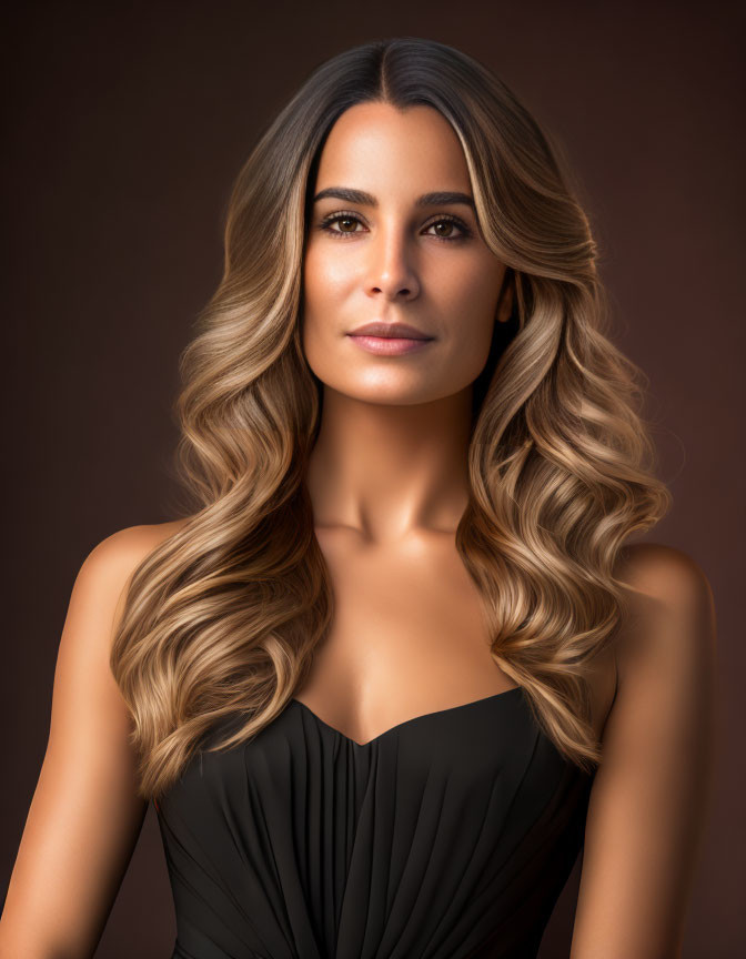 Woman with long wavy hair in black top on brown background