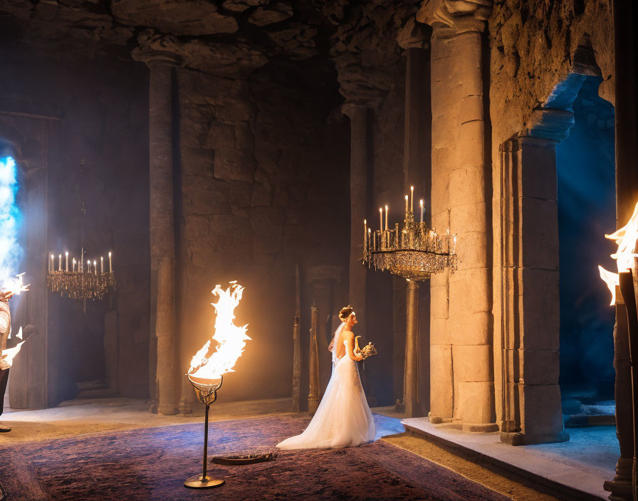 Bride in white dress in candlelit stone hall with torches and chandelier