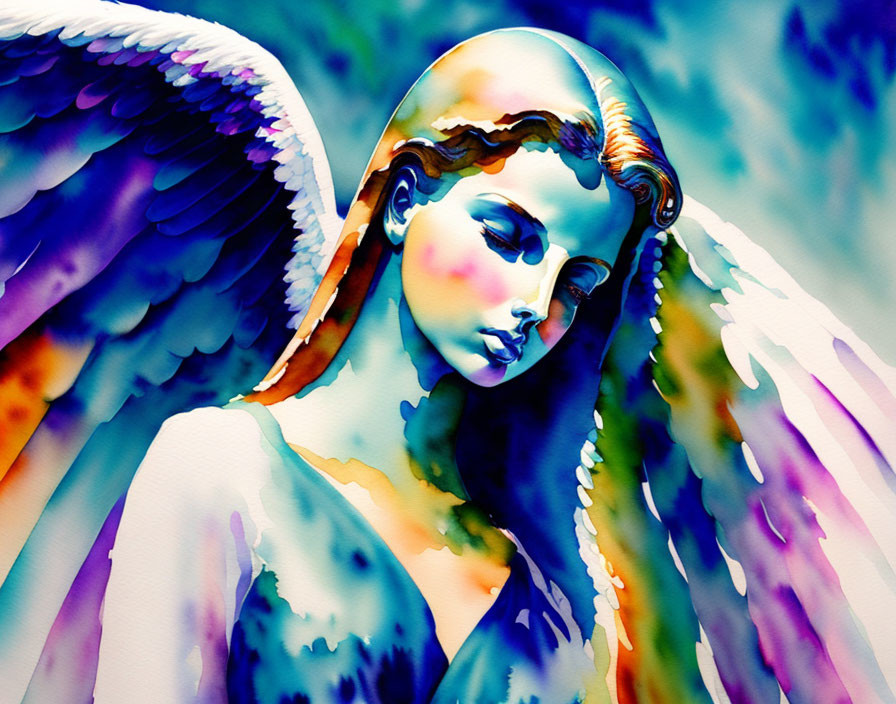 Colorful Watercolor Painting of Angelic Figure with Large Wings