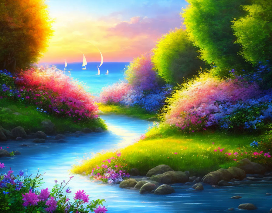 Colorful Landscape with Stream, Sailboats, Trees, and Flowers at Sunset