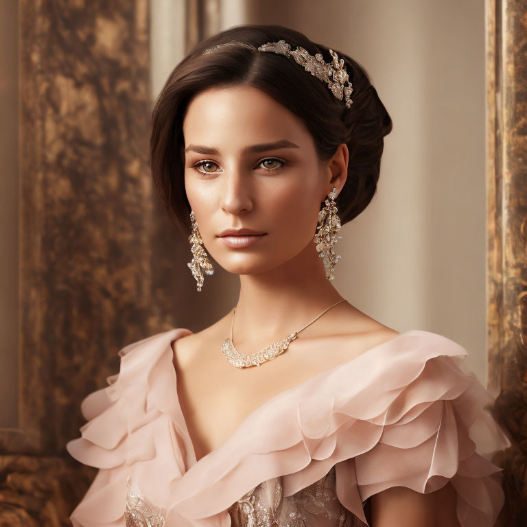 Sophisticated woman in pink gown with tiara and jewelry in luxurious setting