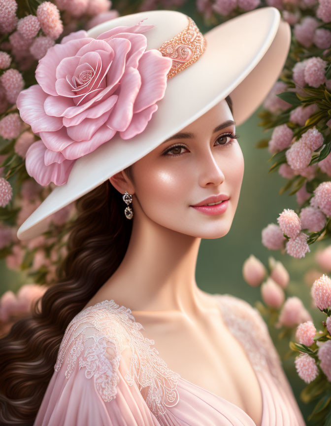 Woman with flowing hair and wide-brimmed hat with pink rose, surrounded by soft pink flowers