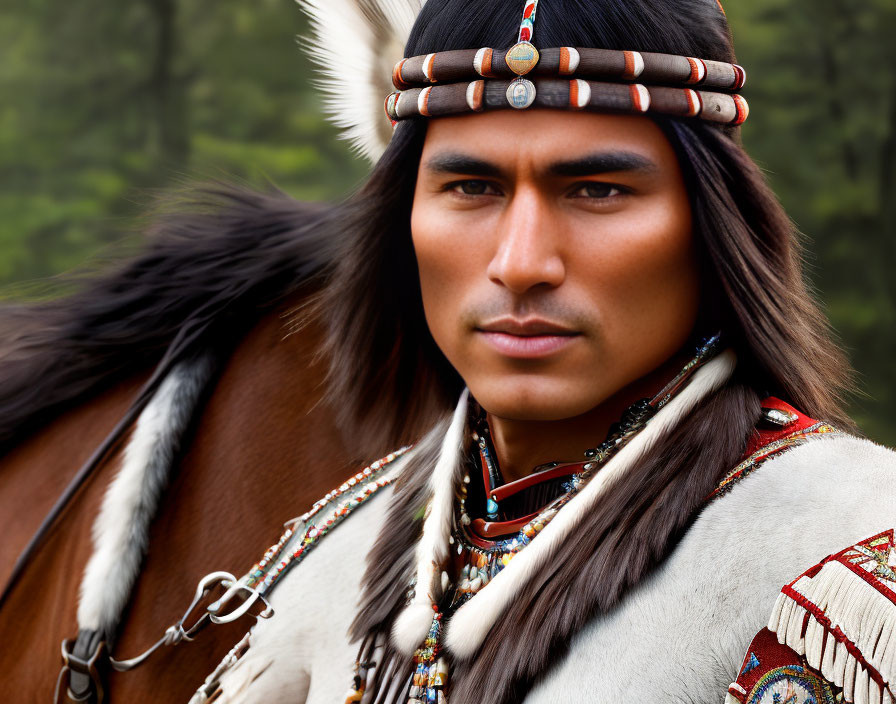 Native American man in beaded headband posing with horse in forest setting