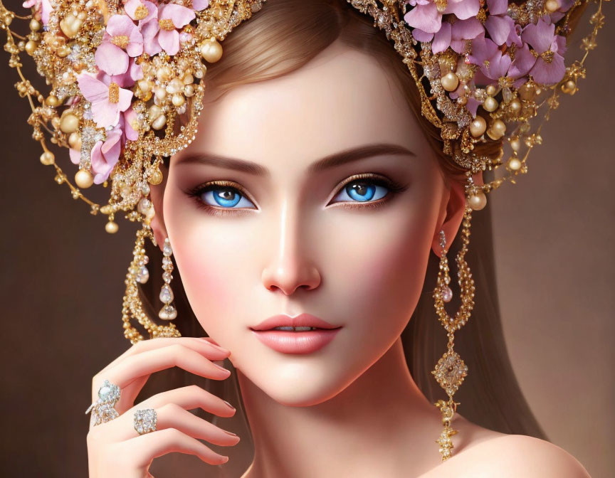 Digital Artwork: Woman with Blue Eyes & Golden Floral Accessories