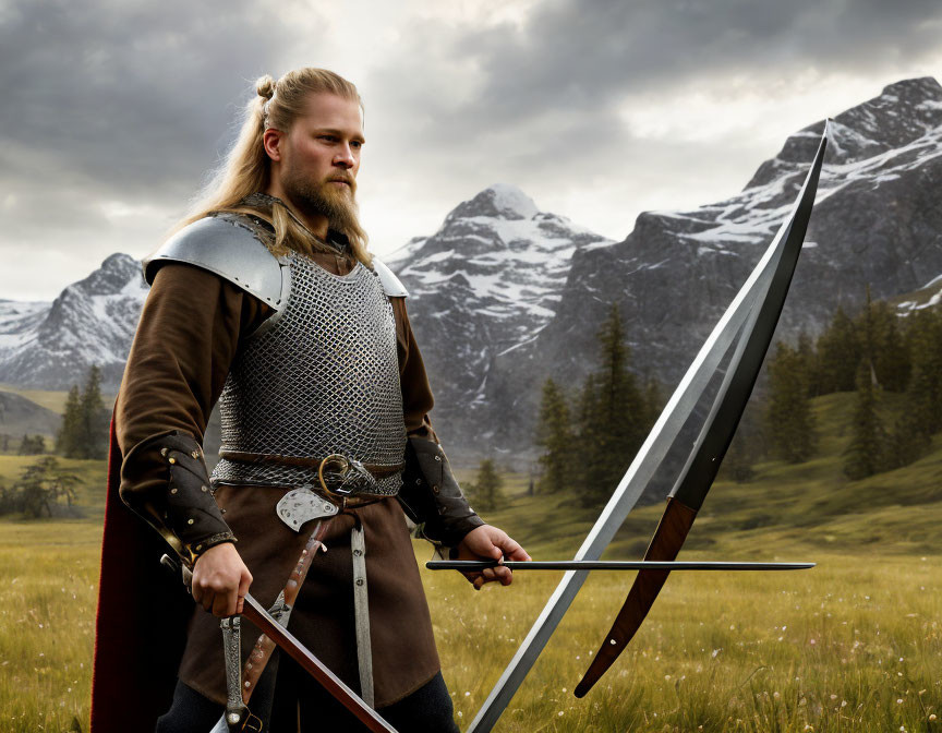 Medieval warrior with sword in grassy field against mountain backdrop