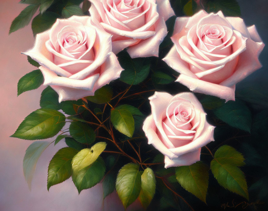 Realistic Painting of Four Pink Roses in Full Bloom