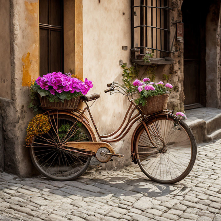 Vintage Bicycle with Flower-filled Baskets by Old Stone Building